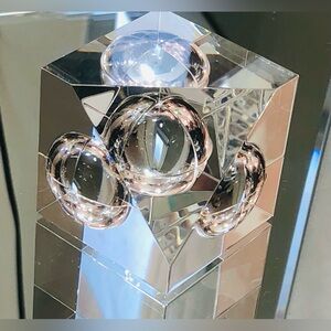 Steuben Glass Floating Spheres Prism Signed Geometric Crystal Cube Paperweight